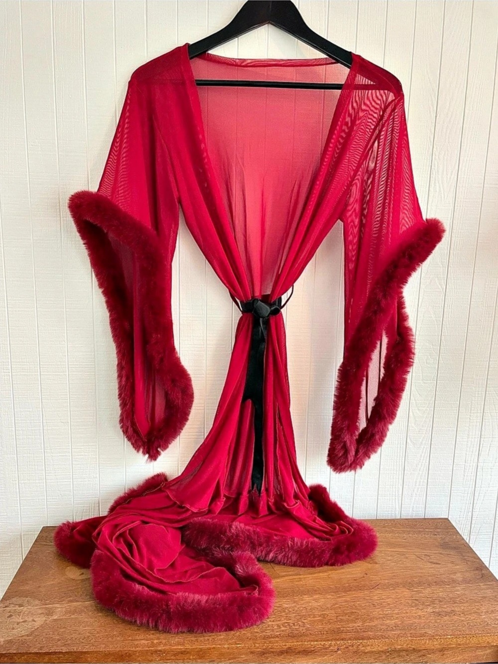 Red Sheer Fur-Trimmed Maxi Robe
